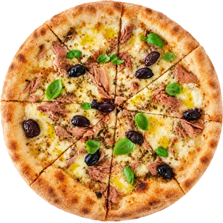 Beste Pizza Wien bei Schwarzlackenau: Pizza mit Thunfisch, schwarzen Oliven und frischem Basilikum, von oben